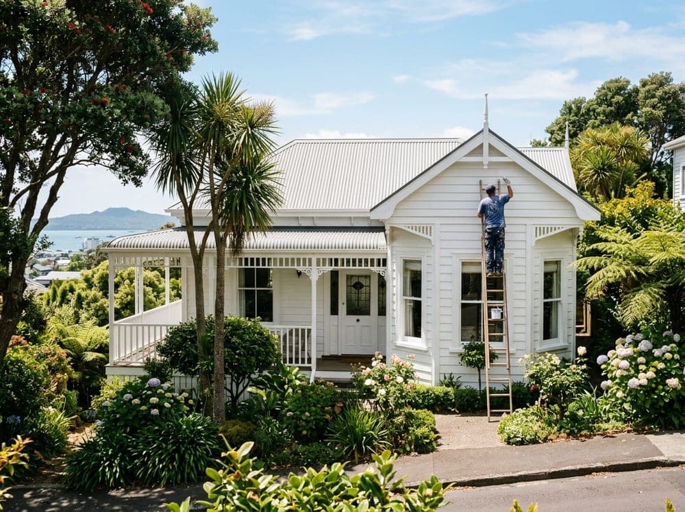 A painter on a ladder repainting a classic New Zealand villa