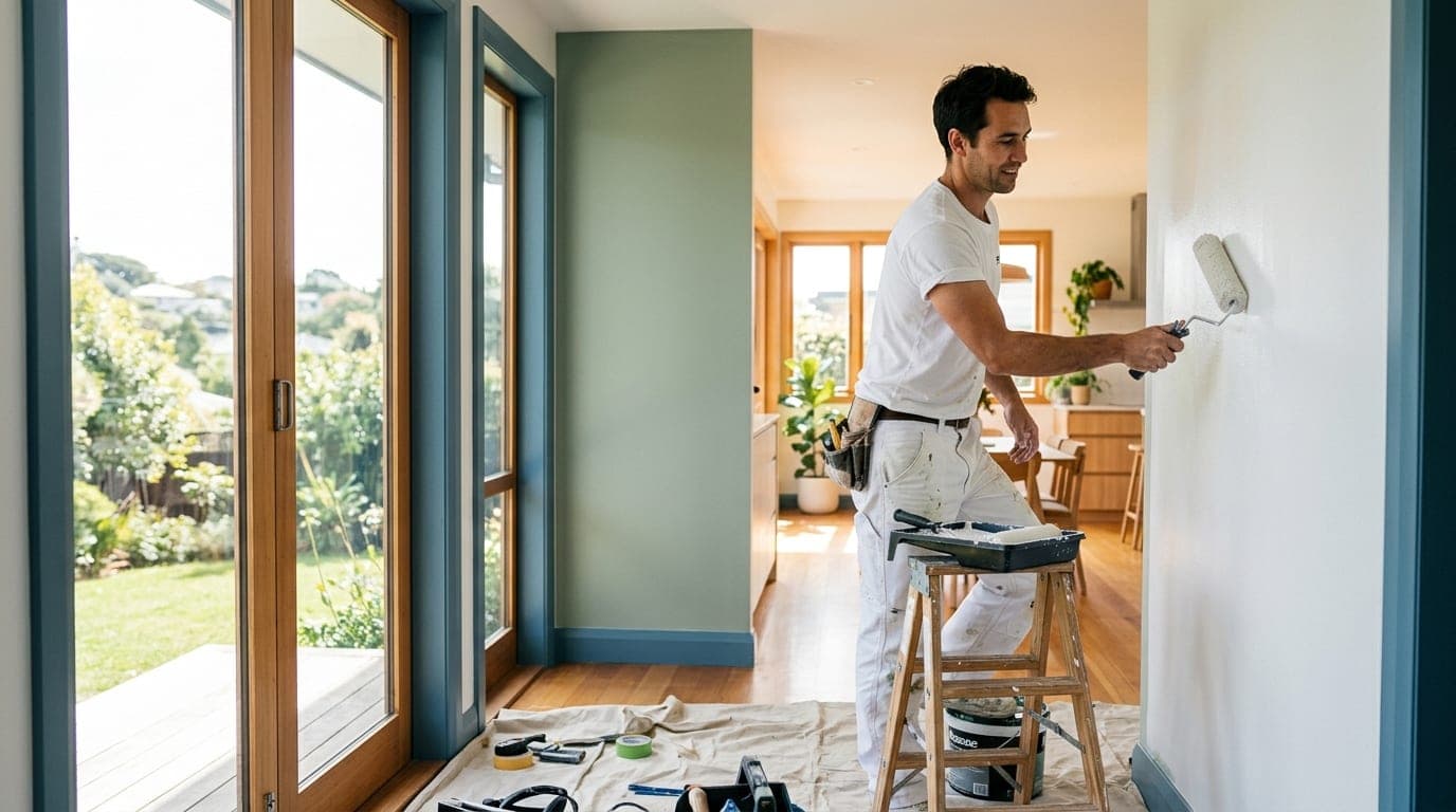 A painter freshly painting the interior of a bright New Zealand home